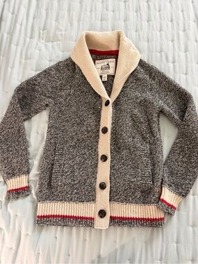 Roots Women's Marled Gray Shawl Collar Cardigan with Cream Trim and Red Accents